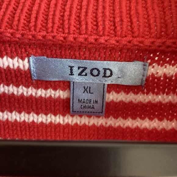 Izod Women's Red Striped Sweater V Neck Chunky Shawl Collar Cotton Acrylic Sz XL - Picture 2 of 9